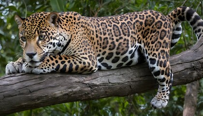 A Jaguar With Its Tail Wrapped Around A Tree Branc  2
