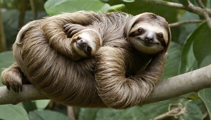 a mother sloth carrying her baby on her belly mov upscaled 4 - obrazy, fototapety, plakaty