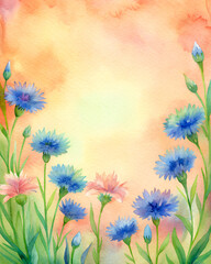 Watercolor card with frame Cornflowers for birthday wedding invitation, generated AI. - obrazy, fototapety, plakaty