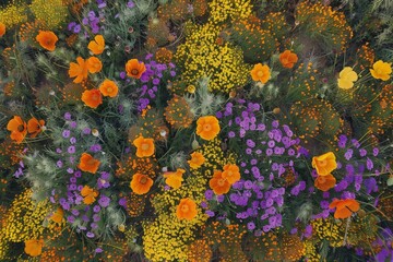 Bird's-eye view of a blooming poppy field in Rheinhessen/Germany near Flonheim. Beautiful simple AI generated image in 4K, unique.
