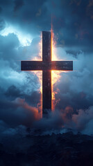 Fototapeta premium the cross of Jesus with a white mantle and a glowing light 