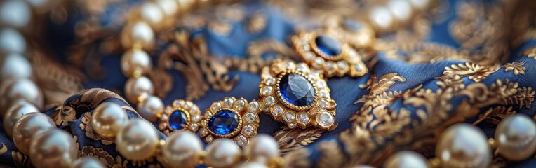 A collection of elegant jewelry, featuring pearls and sapphire gemstones, arranged on a richly patterned fabric, highlighting luxury and craftsmanship.
