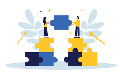 Business concept. Team metaphor. People connect puzzle elements. Flat illustration in flat design style. Teamwork, collaboration, partnership. Businessmen working together and moving towards success.