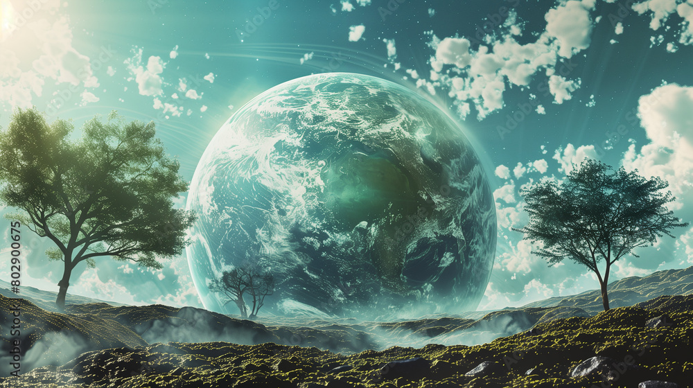 Poster create an image of a future earth where climate change has been reversed through geoengineering.