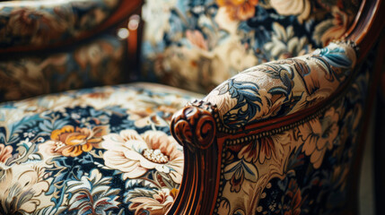 Close-up of elegant vintage chair with carved wooden details and floral fabric