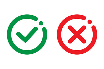 Right or wrong icons. Green tick and red cross checkmarks in circle flat icons. Yes or no symbol, approved or rejected icon for user interface. - obrazy, fototapety, plakaty