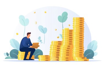 Profit the amount of money cartoon illustration - Generative AI. Man, sitting, top, coin.