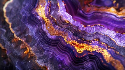 Closeup of an intricate and colorful geode, showcasing the mesmerizing patterns inside with purple hues and golden accents.