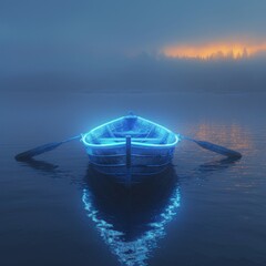 A serene rowing boat with glowing oars. - obrazy, fototapety, plakaty