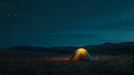 solitary tent under a starlit sky in a serene wilderness landscape at night