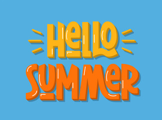 Hello Summer Handwritten Text. Colorful Summer Greeting Phrase Quote.