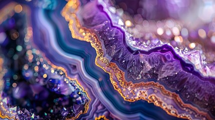 Closeup of an intricate and colorful geode, showcasing the mesmerizing patterns inside with purple hues and golden accents.