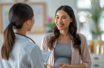 Obstetrician doctor visiting happy pregnant patient woman
