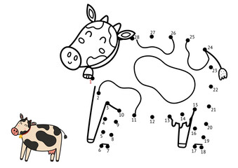 Dot to dot game for kids. Connect the dots and draw a cute cow. Farm animal puzzle activity page. Vector illustration
