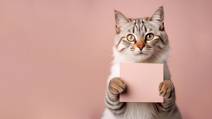 Portrait of Flulffy long hair cat holding a blank card creamy peach, pastel background.
