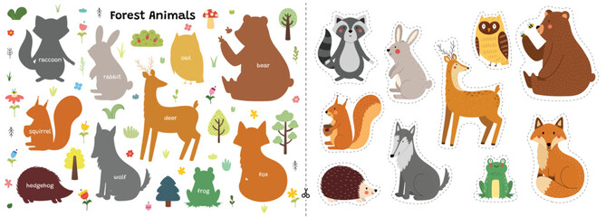 Forest animals cut and glue game with cute fox, wolf, bear and others. Educational activity page for kids. Matching game with woodland characters. Vector illustration