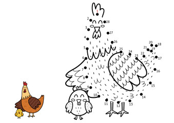 Dot to dot game for kids. Connect the dots and draw a cute hen. Farm animal puzzle activity page with a funny chicken. Vector illustration
