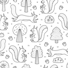 Cute squirrel in the woodland black and white seamless pattern. Funny forest character in outline background. Vector illustration