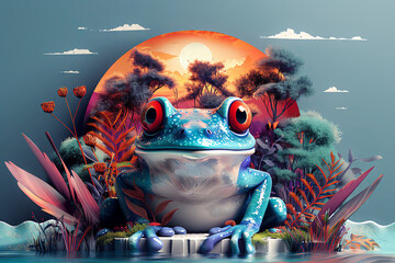 A vibrant and colorful 3D illustration of a frog sitting on a lily pad in a pond