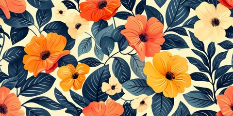 Seamless pattern of flowers and leaves  - obrazy, fototapety, plakaty