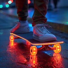 A stylish skateboarding deck with luminous wheels. - obrazy, fototapety, plakaty