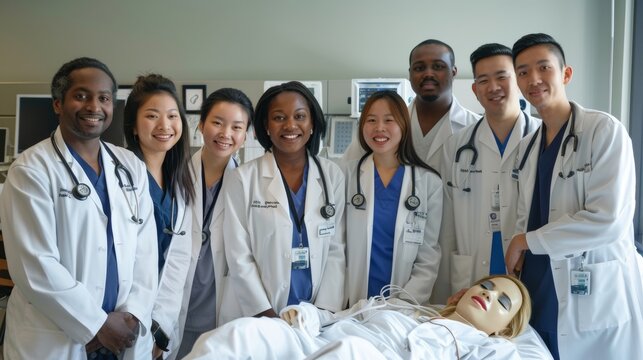Diverse group of medical students posing with a training mannequin during a class session
