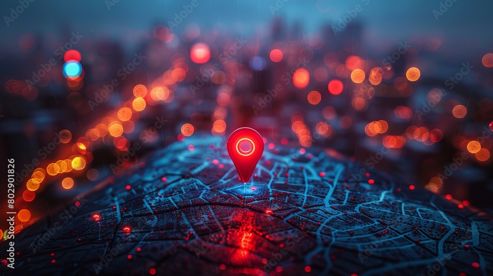 Poster flat map pin hovering above a blue-toned cityscape, emphasizing network connection concepts.