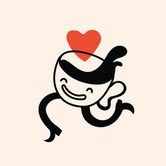 Retro doodle funny coffee character with heart poster. Vintage drink vector illustration. Latte, cappuccino, coffee cup mascot. Nostalgia 60, 70s, 80s.