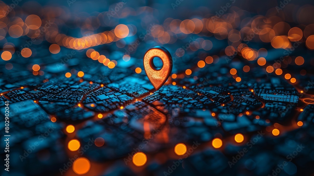 Poster flat map pin hovering above a blue-toned cityscape, emphasizing network connection concepts.