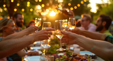People cheers, making toasts with wine and champagne glasses at a party celebration with friends enjoy a warm summer evening.	
 - Powered by Adobe