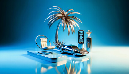 A futuristic scene combining leisure and technology, featuring a sleek car, a lounge chair, and a palm tree, all on reflective surfaces against a vivid blue backdrop, symbolizing a serene yet advanced - obrazy, fototapety, plakaty