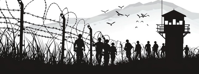 POW camp black silhouette German war prison background WW2 military isolated landscape Germanic soldiers portraits Watchtower and guards scene Vector illustration