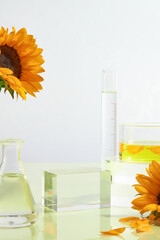 Minimalist style of lab and sunflower theme, some lab glassware consist of erlenmeyer flask and...