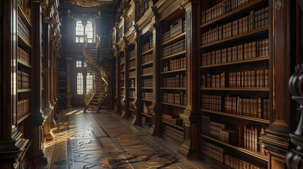 Palace library with floor-to-ceiling shelves filled with leather-bound books.