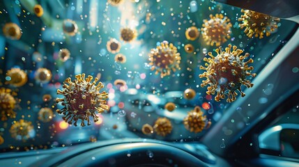 Vivid 3D Viruses in Car Interior Under Sunlight - obrazy, fototapety, plakaty