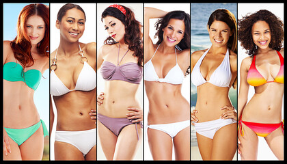 Diverse, women group and summer swimsuit for freedom and body positivity in digital composite....