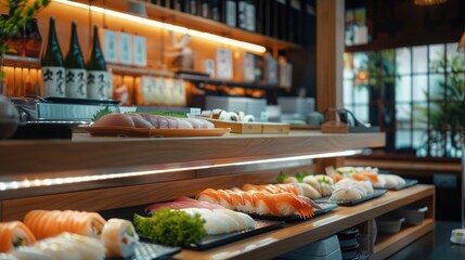 An enchanting image of a sushi bar with a variety of fresh ingredients on display, inviting diners to experience the flavors and textures of sushi on International Sushi Day.