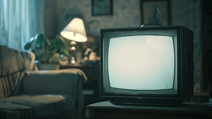 Old retro television with blank screen in the living room, in a closeup shot. Vintage interior design of an old house during summer time. 