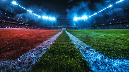 Vibrant, high-tech soccer stadium under lights with holographic technology enhancing the field