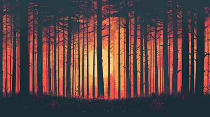 A tranquil forest silhouette against a vibrant sunset background, creating a sense of mystery and calmness