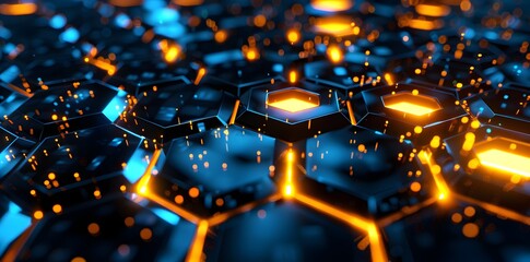 Fototapeta premium 3d render of abstract futuristic glowing hexagon background with golden and blue lights, black background