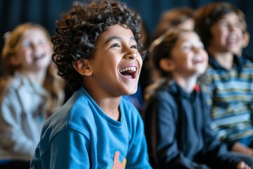 diverse kid smiling at school with group of children in classroom. Inclusive education banner, candid moment.	