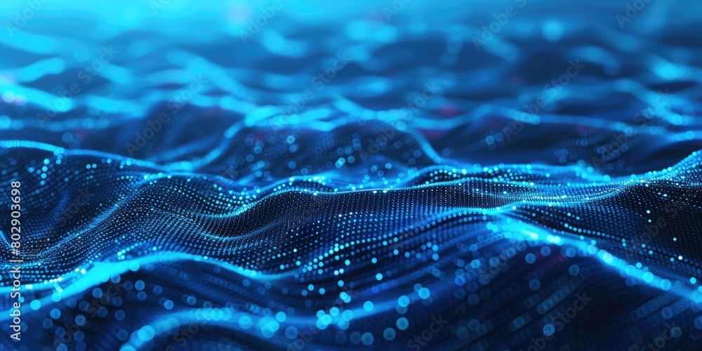 Poster abstract blue background with dots and lines in the form of waves, digital network or data transfer 