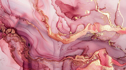 Enchant the viewer with rose-gold marble ink meandering across a canvas awash in soft blush pinks...