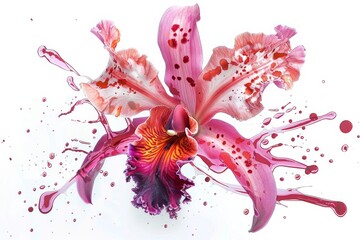 pink orchid with paint splashes vibrant colorful illustration isolated on white background advertising style banner	