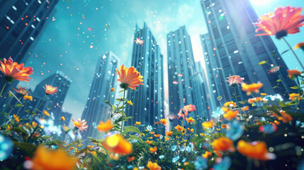 a futuristic buildings with nanohybrid flowers
