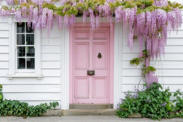 wisteria plant on facade of suburban house with white walls with pastel pink front door