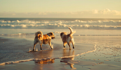 dogs playing at the beach at sunset