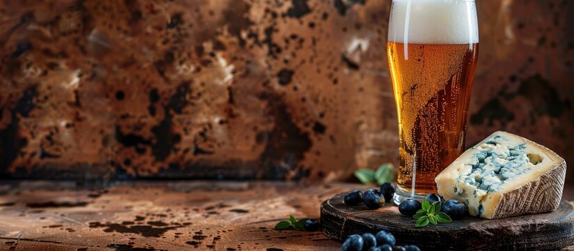 Blue cheese starter and beer on brown retro background with room for text