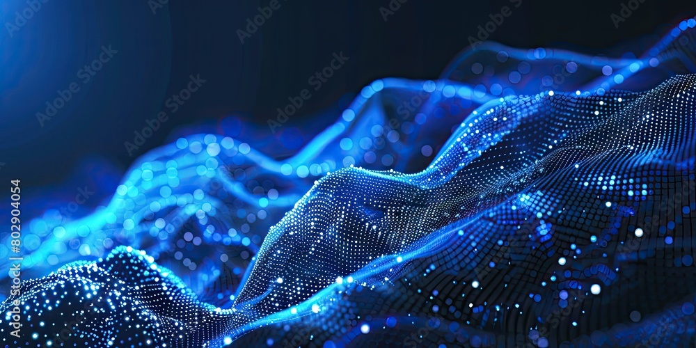 Poster abstract blue background with dots and lines in the form of waves, mesh gradient, low poly design in